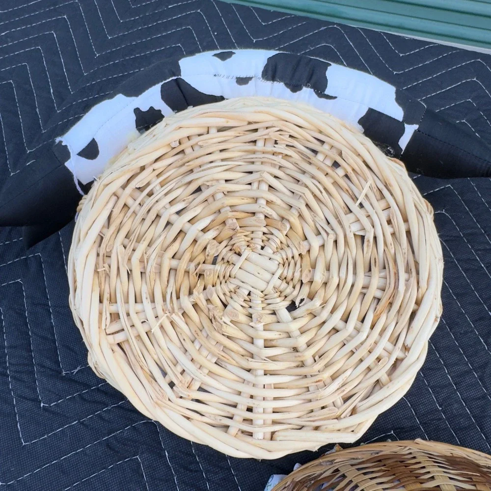 Vintage Farmhouse Cow Wicker Basket Set Country Decor Sunflower Gingham Liner